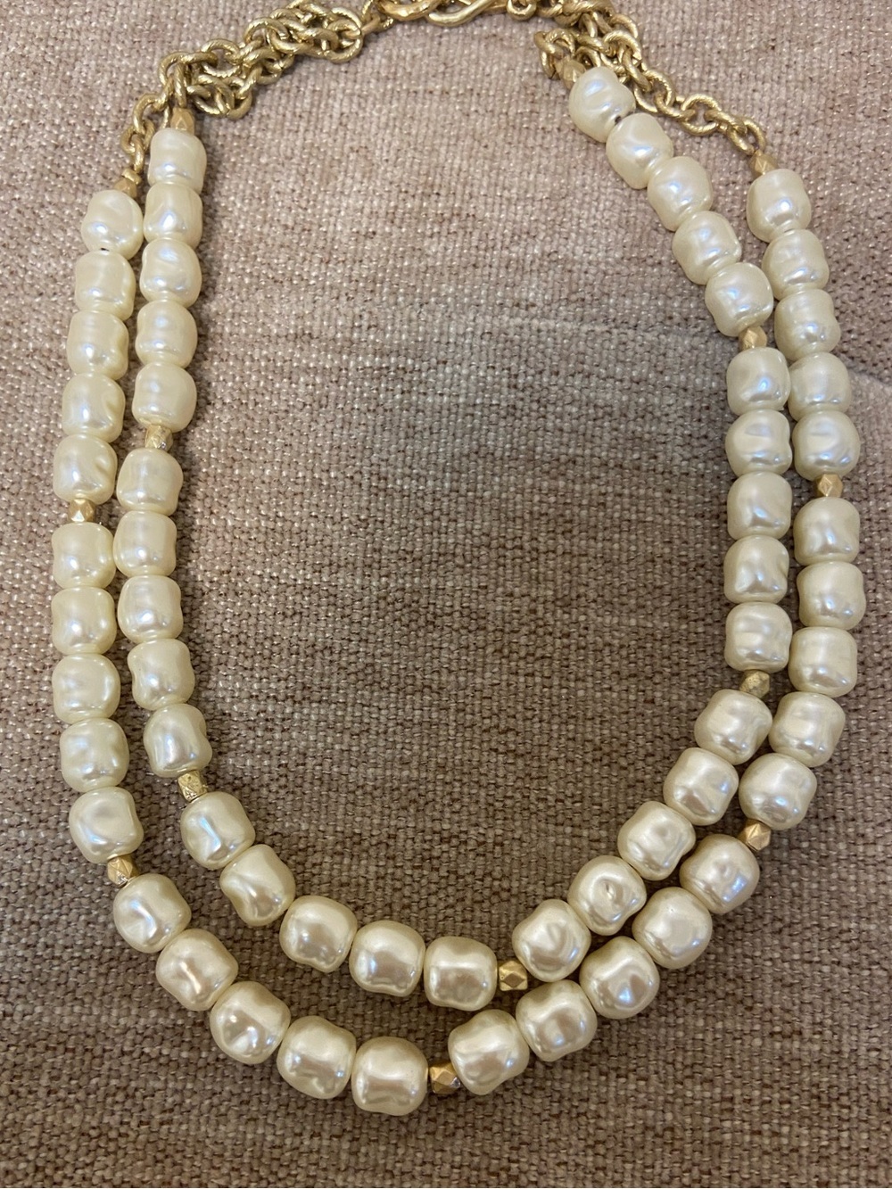 Chico's Gold Multi Strand Faux Pearl Choker Necklace Cross Key Charm Statement